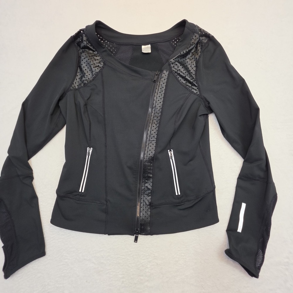 Zella Black Asymmetrical Zip Athletic Jacket Mesh Trim Thumbholes Women's Large